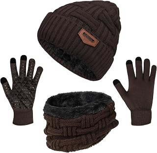 3-Pieces Winter Beanie Hat Scarf and Touch Screen Gloves Set Warm Knit Skull Cap for Men Women