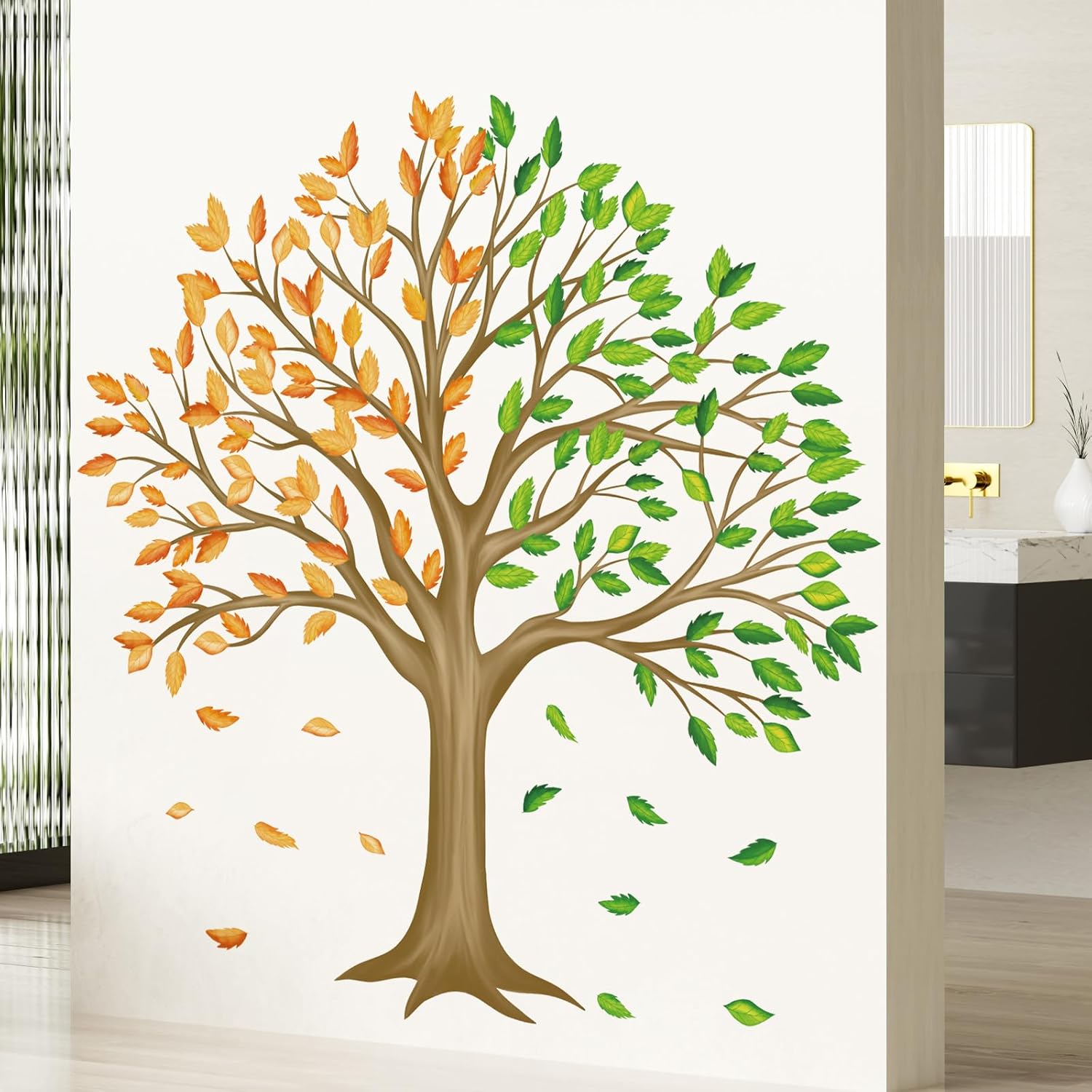 Large Brown Tree Wall Decals Colorful Leaves Wall Stickers Peel and Stick Family Classroom Removable Vinyl Decals for Kids Room Nursery Living Room MUP1853