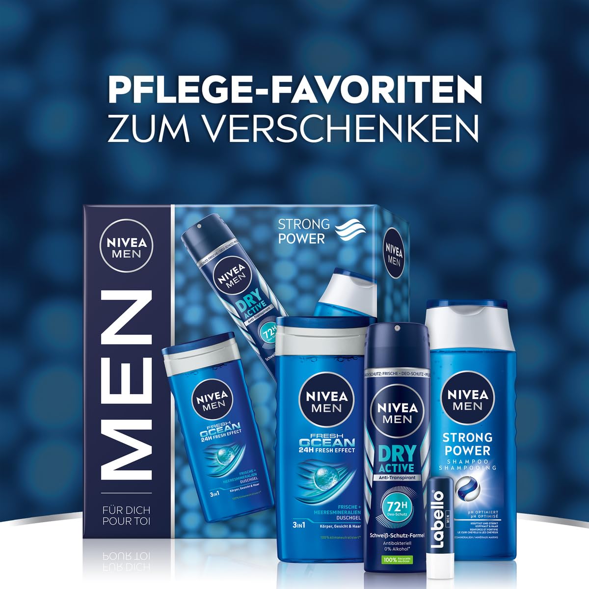 NIVEA MEN Strong Power Geschenkset, Pflegeset mit erfrischenden Pflegeprodukten, Geschenkbox mit Fresh Ocean Duschgel, Dry Active Deo Spray, Strong Power Shampoo und Labello Men Active Lippenpflege