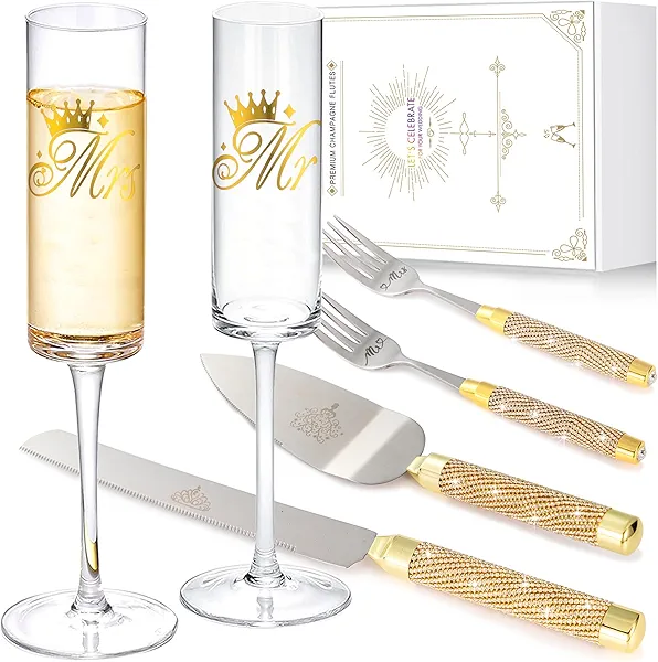 iooiluxry Wedding Champagne Flutes and Cake Knife Server Set, Gold Bride and Groom Champagne Glasses and Cake Cutting Set for Wedding Gifts 2024 (Gold)