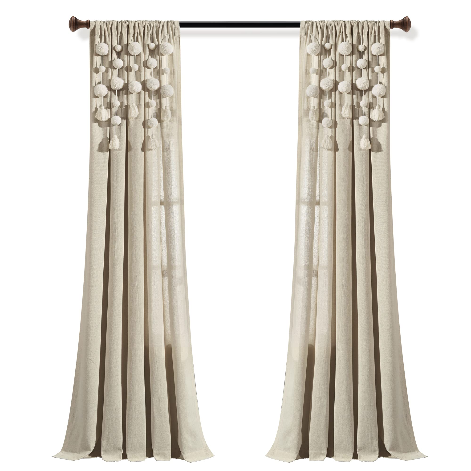 Lush Decor Rideau de fenêtre bohème à Pompons (Panneau Simple), 241,3 cm de Long x 132,1 cm de Large, Lin foncé