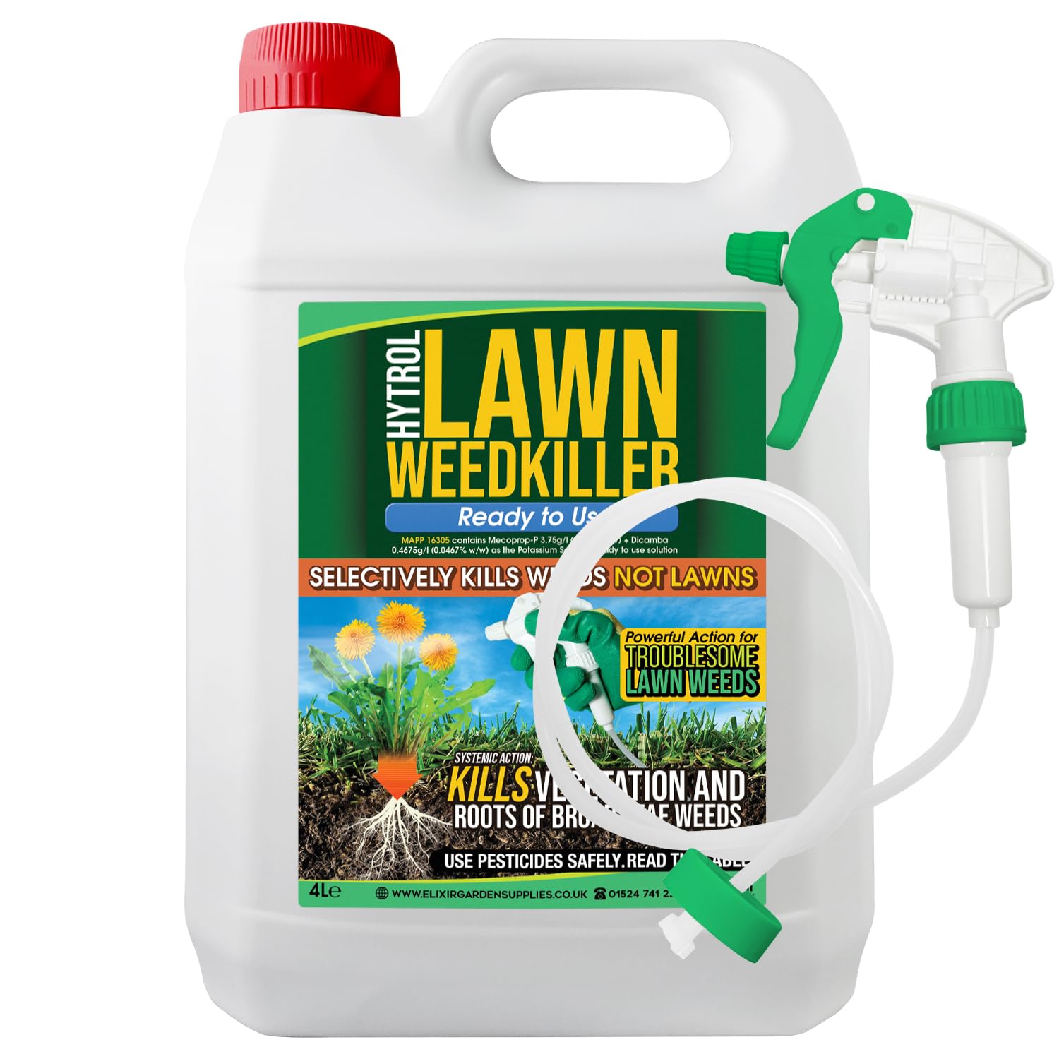 Elixir Gardens 4L Hytrol Ready to Use Selective Lawn Weed Killer & Herbicide | Kills Weeds NOT Lawn | Treats 200 sq.m per bottle | 4 Litre (with Spary Head & Hose) x 1