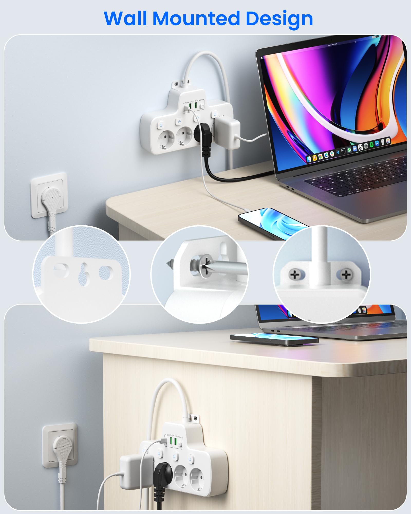 Regleta Enchufe Plano, Ladron Enchufes Plano con Interruptor Individual | Regleta Pared Extraplano con USB C, Adaptador 4 Tomas, Cable Alargador de 2 metros, Para Doméstico y Oficina, Blanco