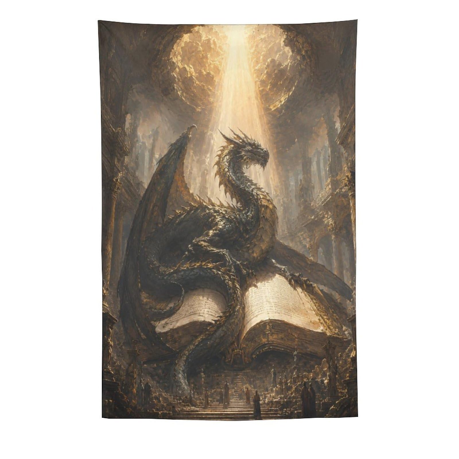 W7C8U2X3 Dragon Rising from Open Book Wall Tapestry, Entryway