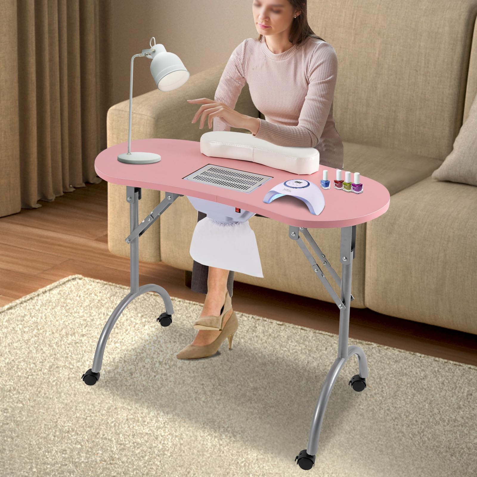 Mesa de manicura, estación de uñas plegable portátil, mesa de manicura impermeable con succión para técnicos domésticos, spa, salón de belleza, lugar de trabajo (rosa), Rosa., moderno