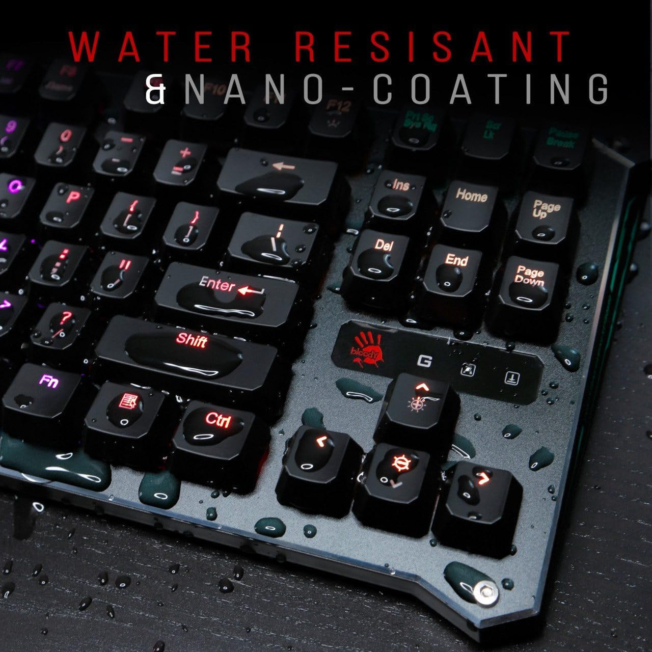 Bloody B930 TKL keyboard with water droplets, illustrating water resistance