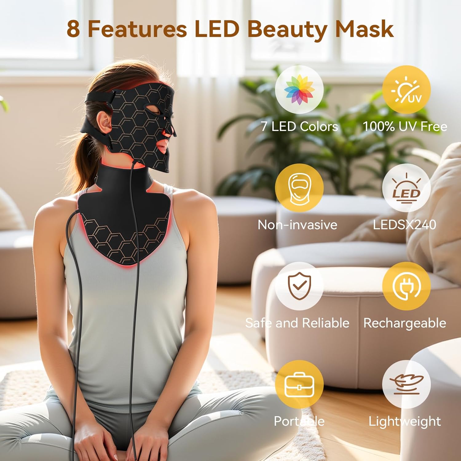 Red Light Therapy for Face,LED Face Mask Light Therapy with Neck Device,240 Light Beads,Remoter Rechargeable,Infrared Red Light Therapy Mask for Home Working Travel Yoga Sleep (Midnight Black)