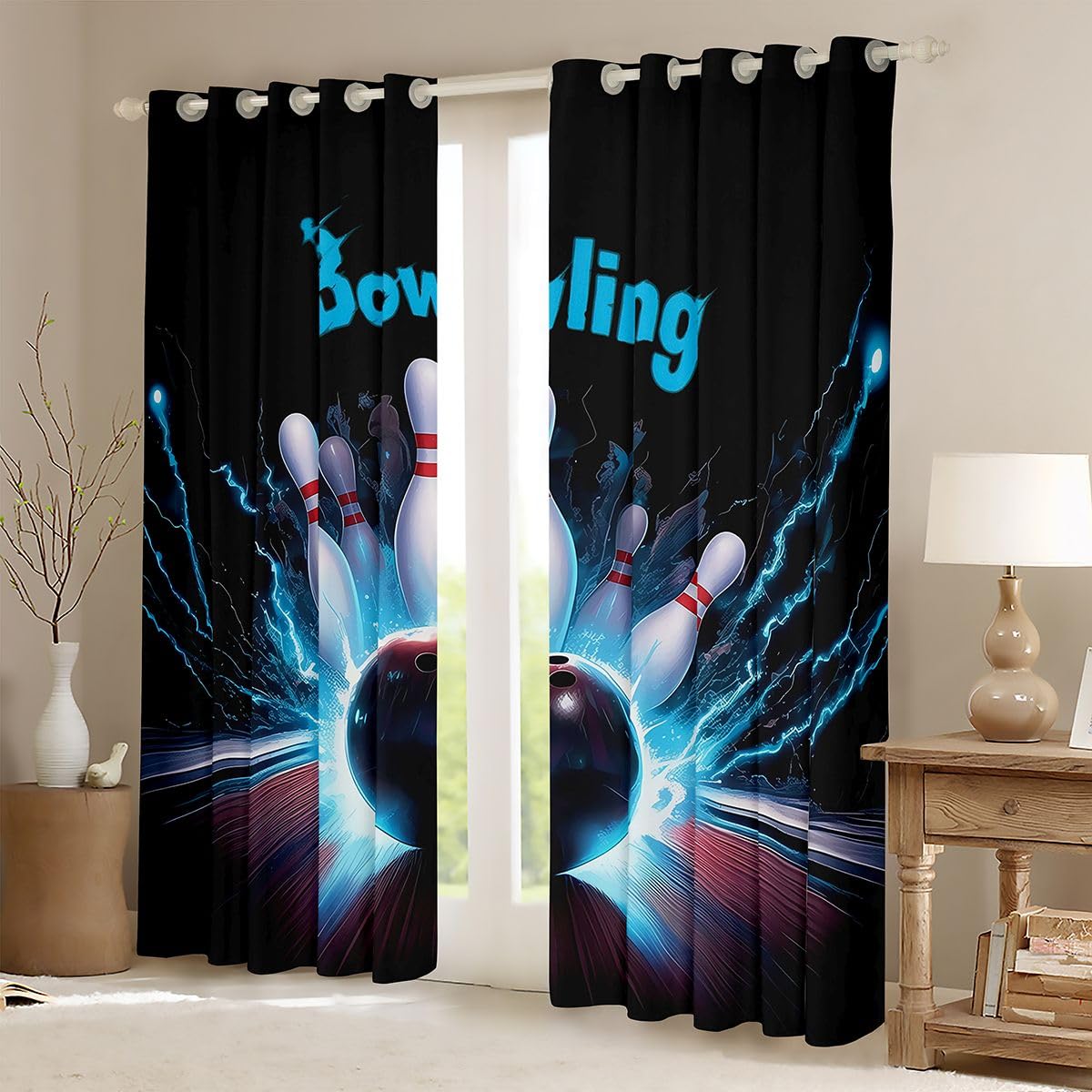 Homewish Chłopięce zasłony okienne do gry w kręgle, 132 x 160 cm, 2 zestawy paneli – błyskawica, gra sportowa, zasłony zaciemniające dla dzieci, nastolatków, melonik, 3D, piłka, zasłony okienne
