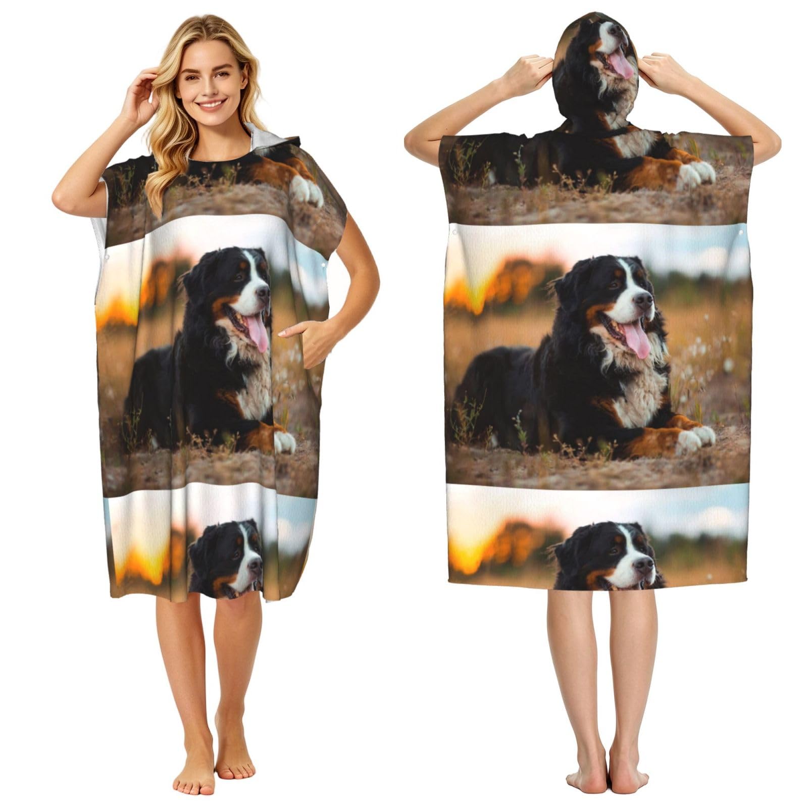 Poadnly Bernese Mountain Dog, Adult Hooded Beach Towel 90 x 110 cm,Changing Bath Robe, Surf Poncho Towel For Women Men