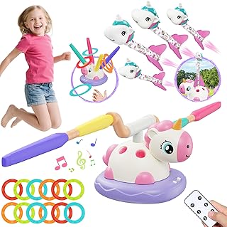 Unicorn 3-in-1 Movement Game for Children from 3 Years: Rocket Starter Game (18 m Foot Flight), Music Jumping Game with Remote Control & Ring Throw with 12 Rings, Outdoor Children's Toy in Carry