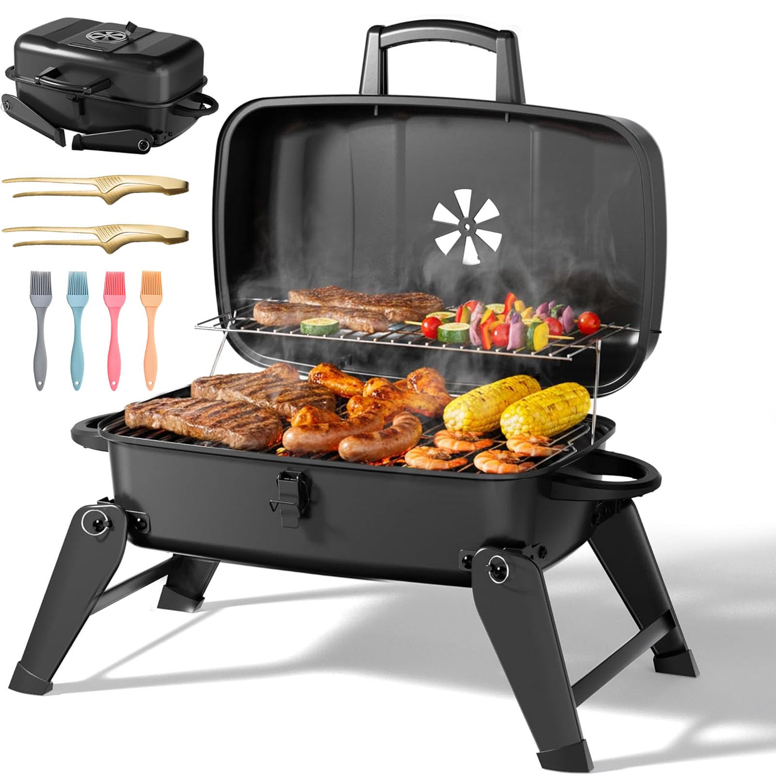 Przenośny grill z węglem drzewnym z grzewką, składany grill z regulowaną wentylacją powietrza i 330 sq.in. Obszar gotowania RV na zewnątrz, wycieczki turystyczne, kemping, patio, Tailgating