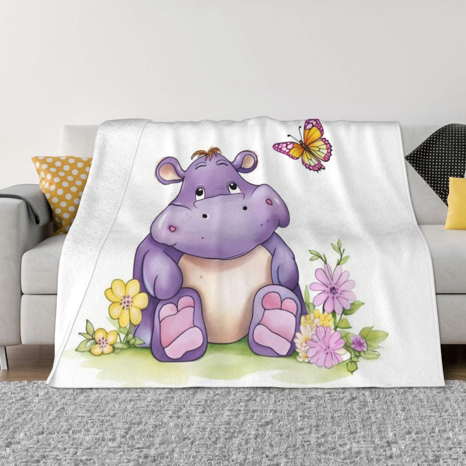 KLOPH Butterfly and Hippo Throw Blanket 50"x40" Flannel Fluffy Warm Blanket for Couch, Reversible Plush Blankets for Bed, Comfy Fuzzy Blanket for Sofa, Plush Lightweight-Blankets for All Season