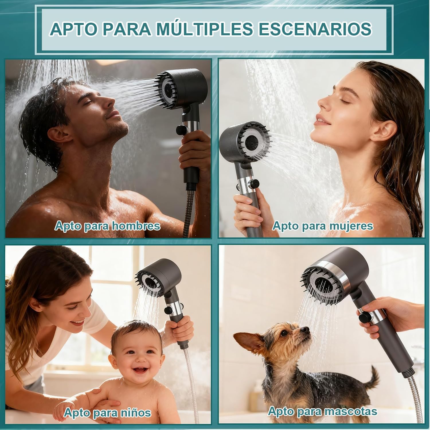 Alcachofa de Ducha con Filtros, Alcachofa Ducha Alta Presión con Manguera 1.5M y Soporte, Cabezal Ducha con Filtro de 4 Modos y Botón de Parada Instantánea, para Eliminar el Cloro, Gris