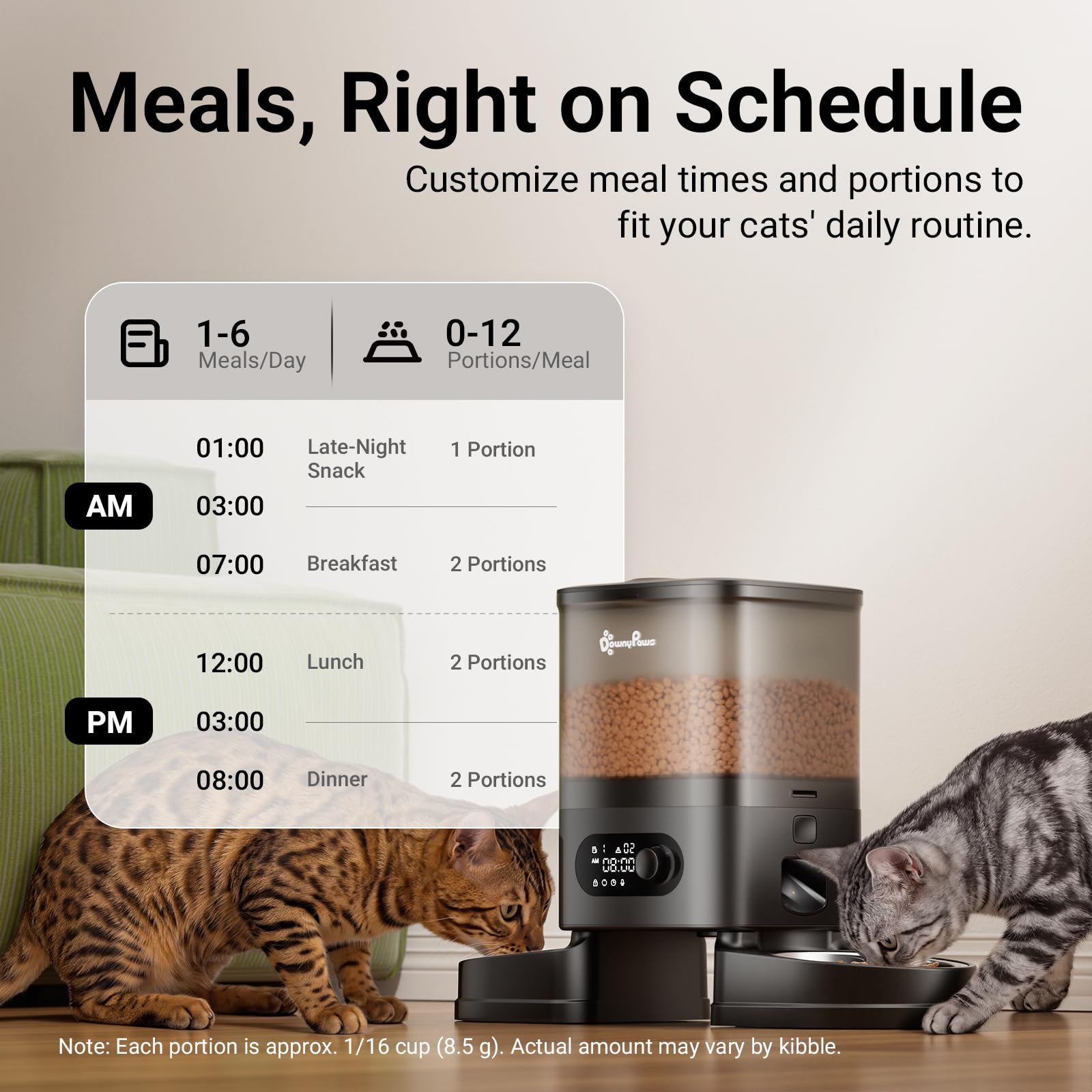 DownyPaws Distributeur Croquettes Chat Automatique, sans Fil avec Minuterie