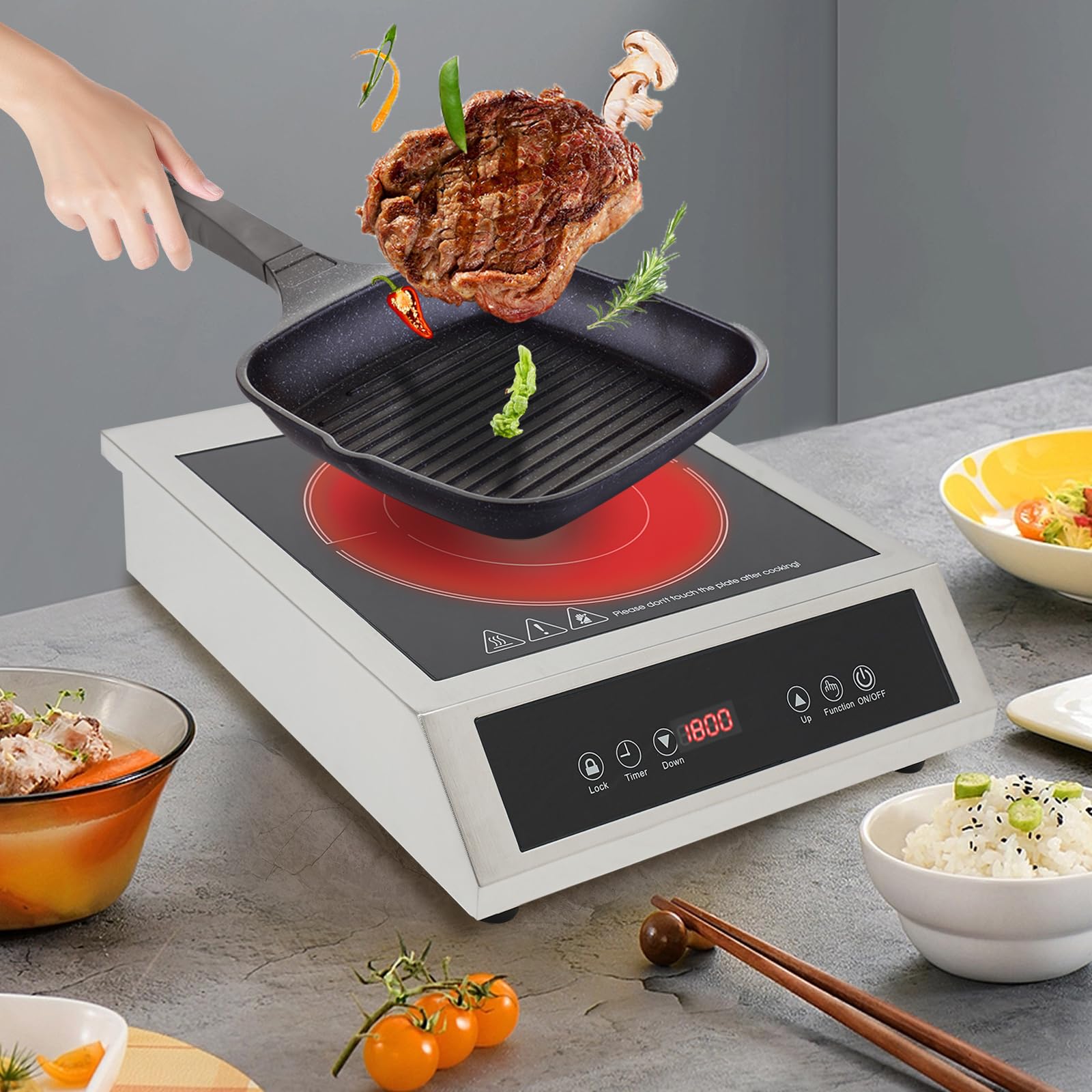 Induktionskochfeld 3500W 35x28cm Edelstahlgehäuse Ceranplatte Touch-Display 11 Temperaturstufen Timer Kindersicherung