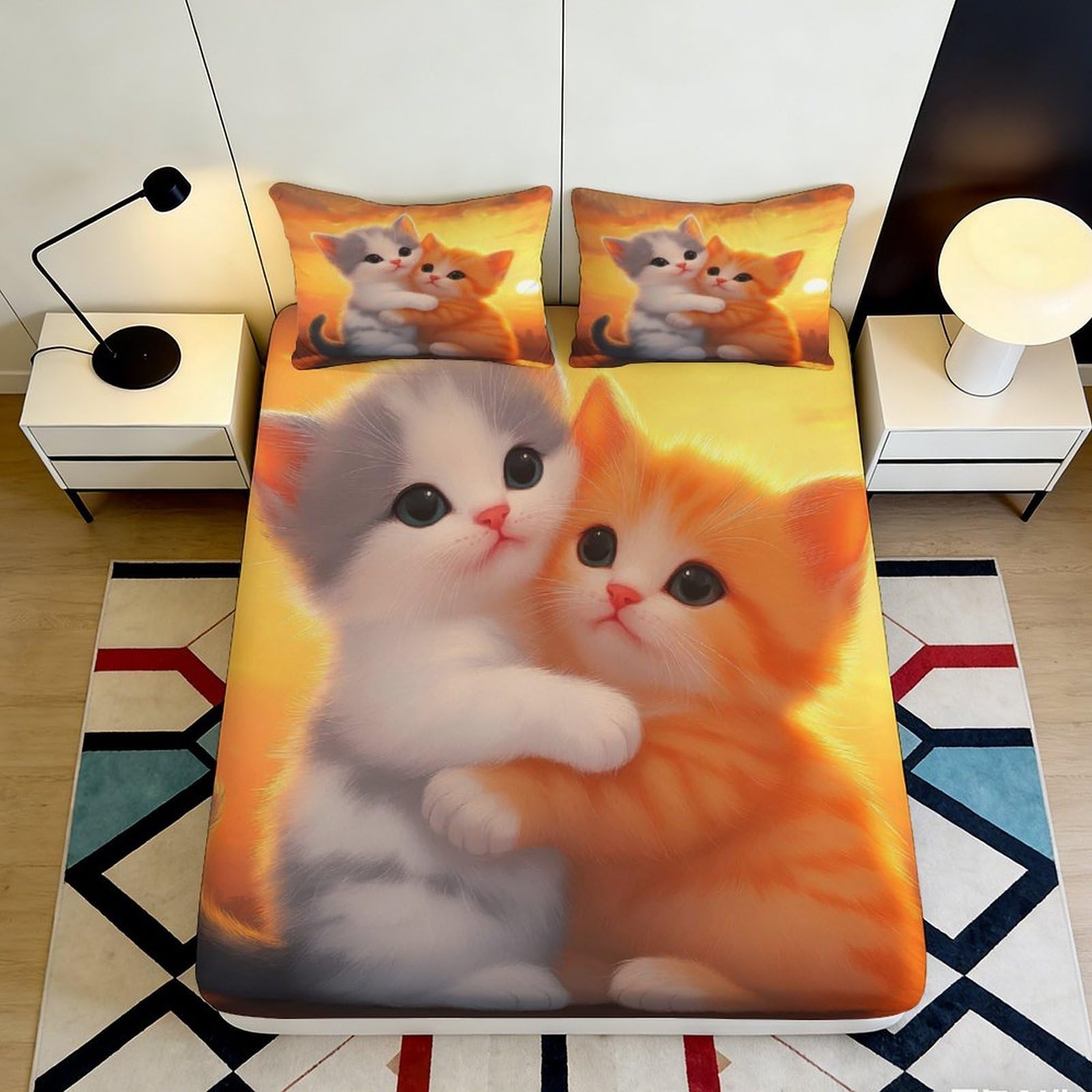 3D Printed Cute Cats Fitted Sheet Microfiber Soft Breathable Adorable Kittens Bed Cover for Bedroom Dormitory Guest Room Mattress Protection Decor 90x200x25cm