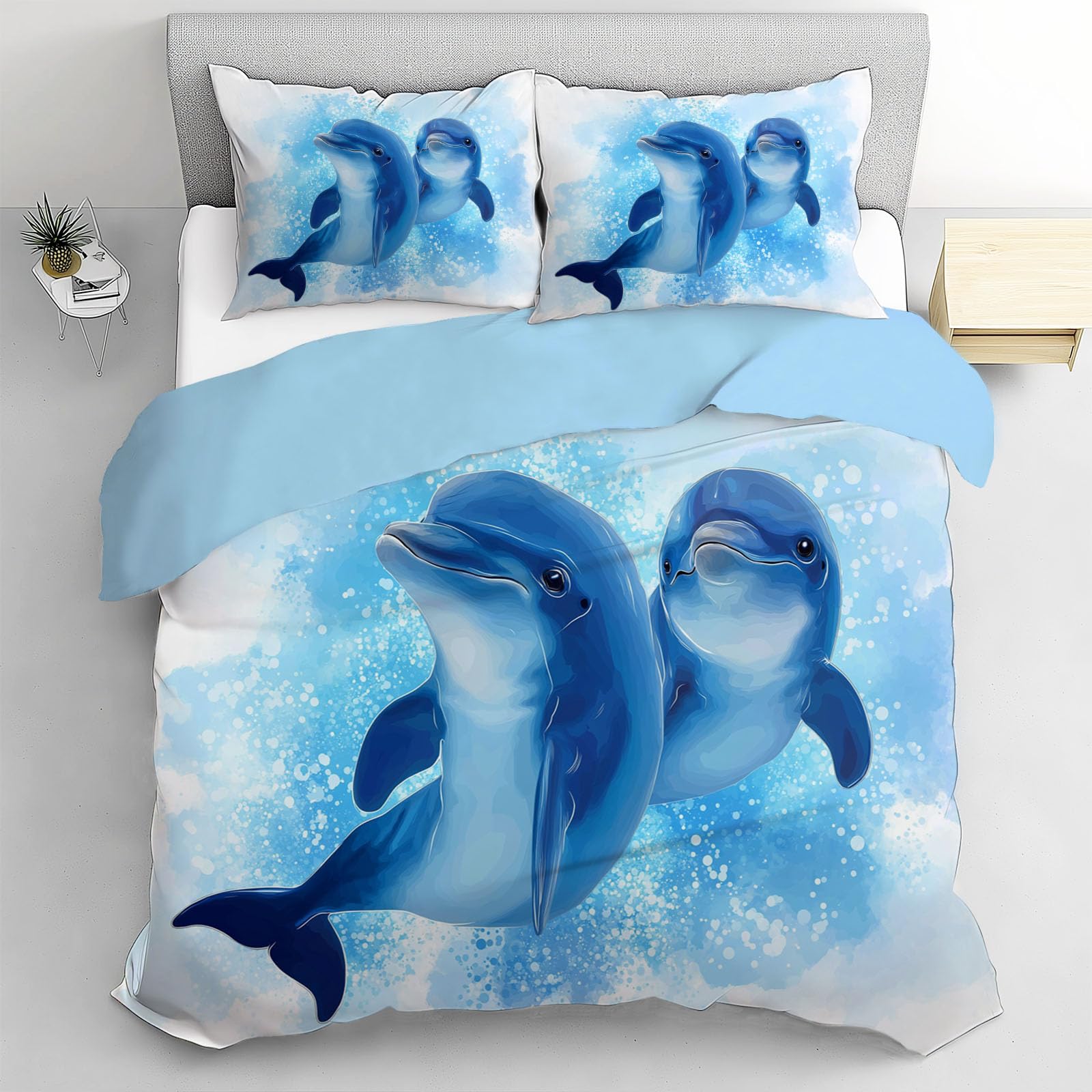 Housse de couette dauphin 200x200 parure 2 personnes bleu