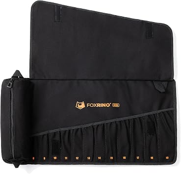 Foxrino Wrench Roll, Wrench Roll Up Pouch, 12-Pocket Heavy Duty Canvas Wrench Organizer Bag for Metric Combination Wrenches, Portable Tool Roll Bag, Gifts for Men for Fathers DayBlack, 12+1 Metric