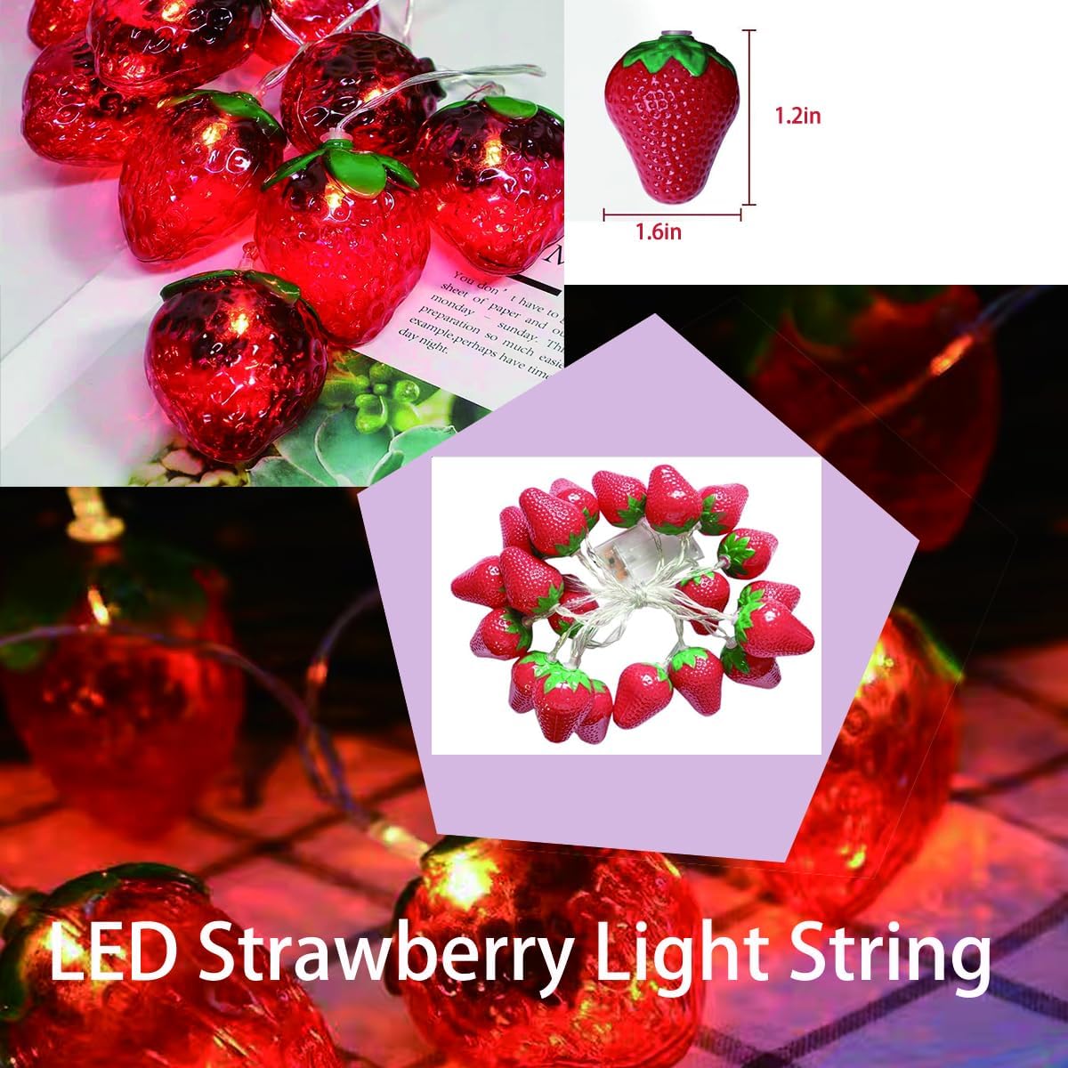 Strawberry String Lights, 40 LED Beads, 19.6 Ft Length, Party Bedroom Christmas Decorative Lighting