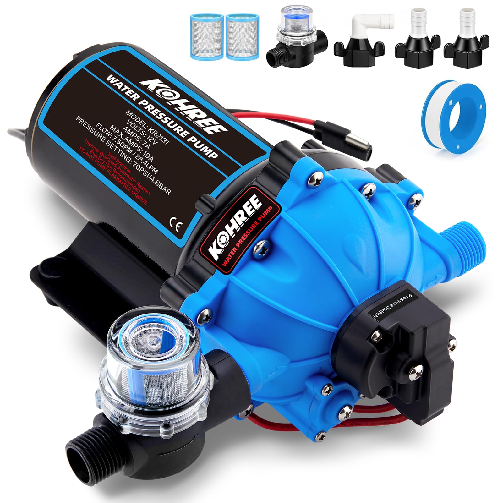 2026 Upgraded Kohree RV Fresh Water Pump 7.5GPM 70PSI, 12V DC Water Pump, Self-Priming, Upgraded Five Chamber Diaphragm Pump with Heavy Duty Pressure Switch and Strainer for RV, Marine, Yacht, Caravan