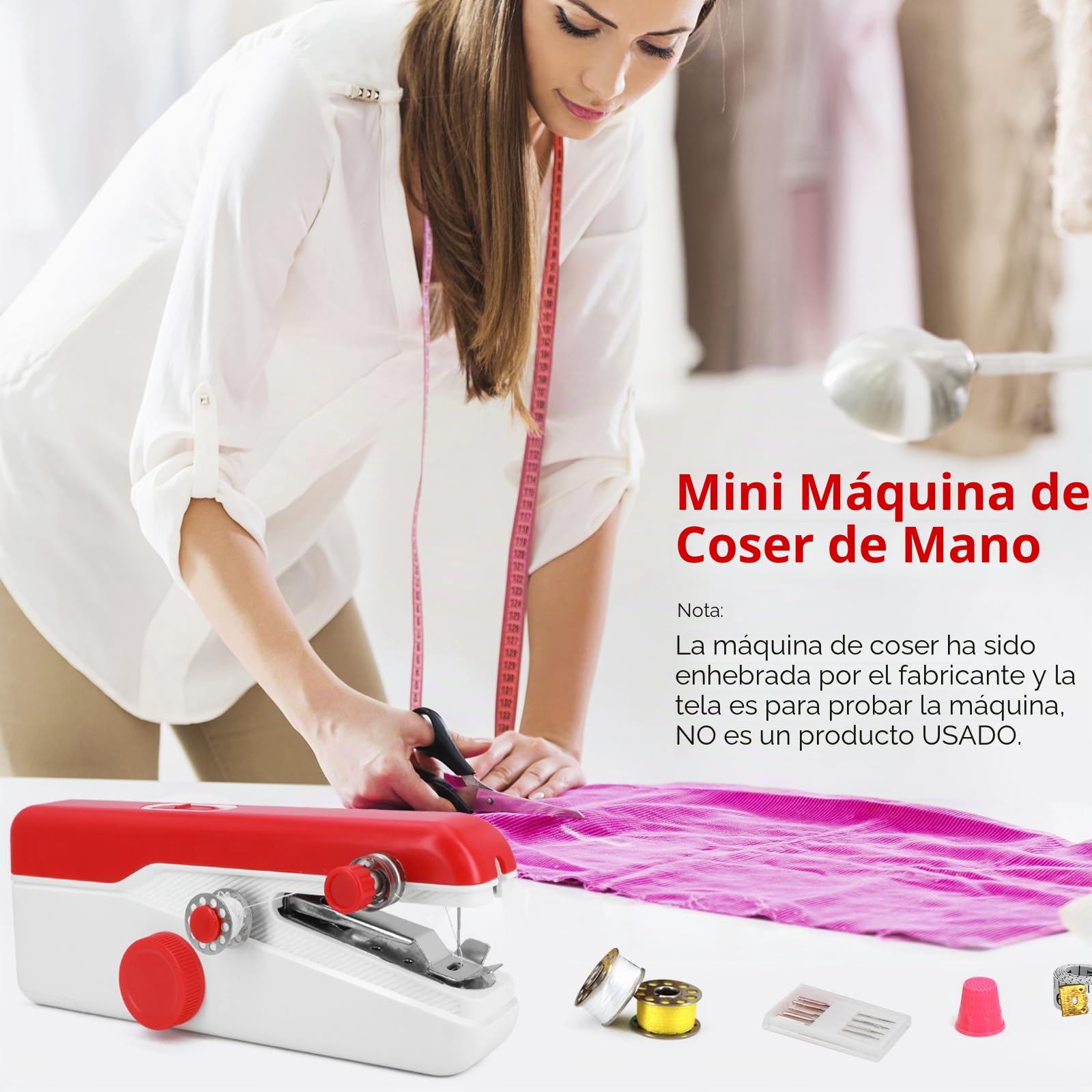 Máquina de Coser Portátil Mini para Principiantes – Eléctrica, Puntada Rápida, Velocidad Ajustable, Kit DIY de Reparación de Ropa para Hogar y Viaje (Rojo)