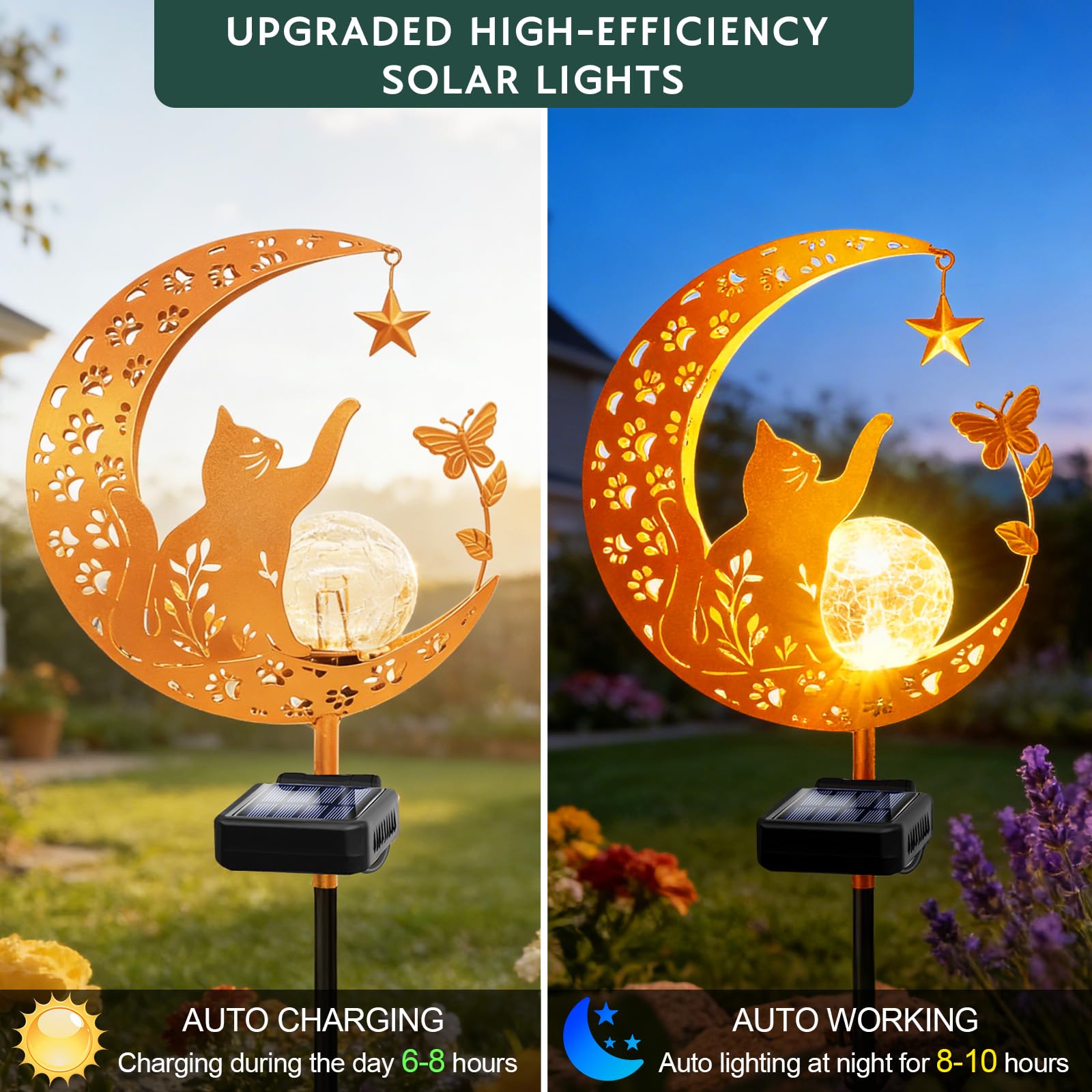 Solarleuchten Outdoor Dekorative Mond Katze Solar Pfahl Lichter Gartenarbeit Geschenke für Frauen Garten Ornamente Wasserdicht für Gehweg, Hof, Rasen, Terrasse