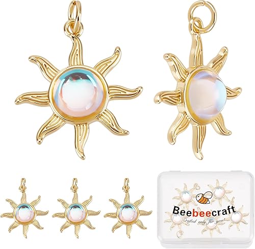Beebeecraft 1 caja de 5 dijes de sol chapados en oro de 18 quilates con cristal de ojo de gato celestial para hacer joyas, pulseras, collares,