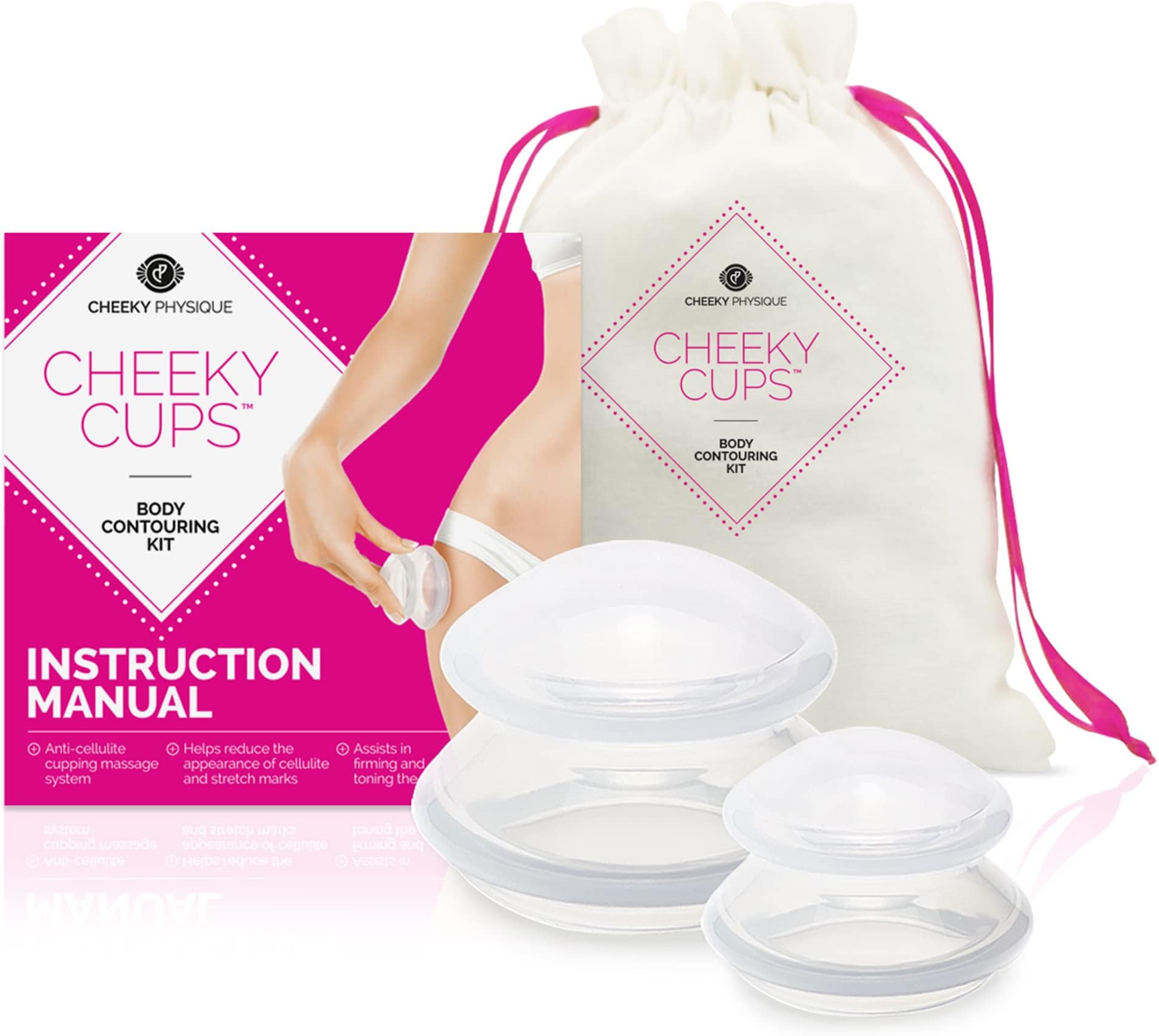 Cheeky Cups Cellulite Suction Cup Set - Anti Cellulite Cupping Massage - Vacuum Therapy Body Contouring Kit Include 2 Silicone Cups for Legs, Buttocks, Thighs