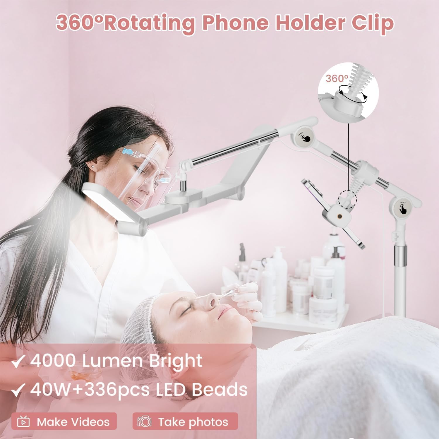 40W Foldable Square Lash Light for Beauty Eyelash Tech Tattoo, 3 Color Modes & 10 Dimming Brightness, 34.5in Adjustable Lamp Head & Arms & Height, Remote Control LED Lash Tech Light (White)