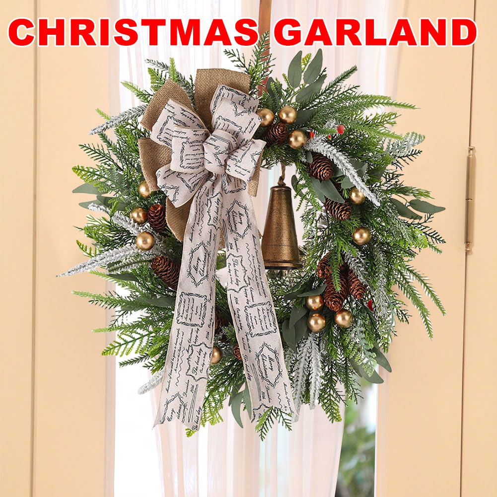 Starnearby Couronne de Noël Porte Artificielle avec Pommes de Pin et Poinsettia, Couronne de Noel Lumineuse LED, Guirlande de Noël, Couronne Noel Porte Lumineuse, Décoration de Noël (H-60 cm)