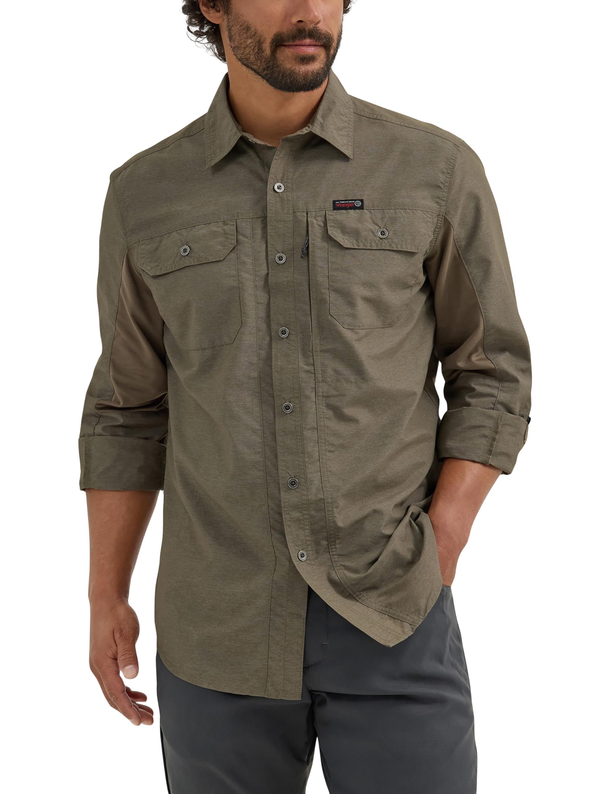ATG by Wrangler Men's Long Sleeve Mixed Material Shirt with Button Down, Grey, M