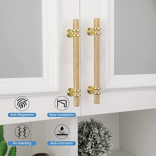 Miniatura 2 de Haliwu Paquete de 10 tiradores de gabinete dorados, tiradores de gabinete moleteados de 6-14 pulgadas, manijas de gabinete de oro champán, tiradores