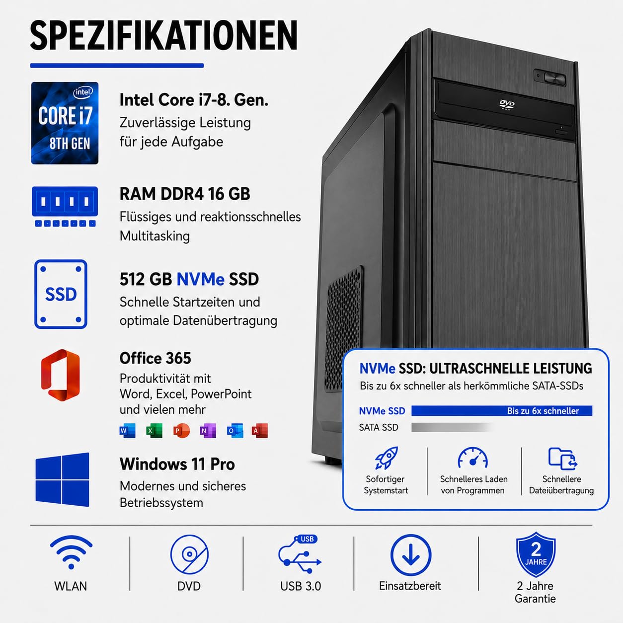 Desktop-PC • Intel Core i7-8700 • 16 GB RAM DDR4 • 512GB SSD nvme • Windows 11 Pro • WiFi • Office 365 • sofort einsatzbereit • USB 3.0 • WLAN • Professionell für Büro (i7-8700 16Gb ram 512Gb ssd