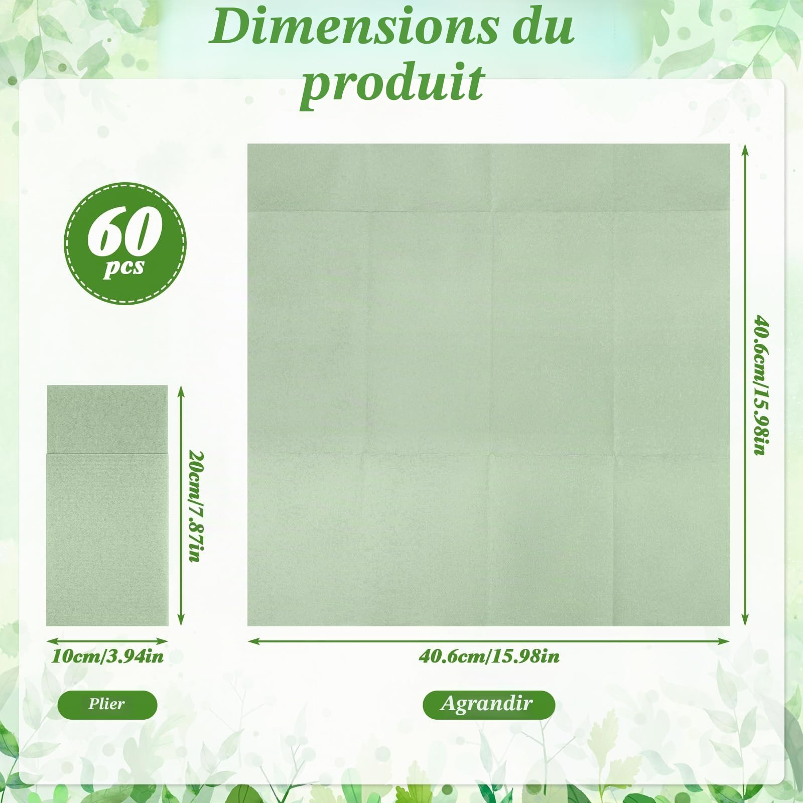 Lot de 60 serviettes de table jetables en lin avec poche intégrée pour couverts, mariage, fête prénatale, fête de mariage (vert sauge)