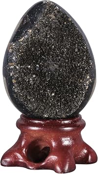 TUMBEELLUWA 40-58 mm Black Crystal Egg with Display Stand, Natural Septarian Dragon Stone Crystal Geode Cluster Gemstone Eggs Figurine Collectibles for Home Table Decor