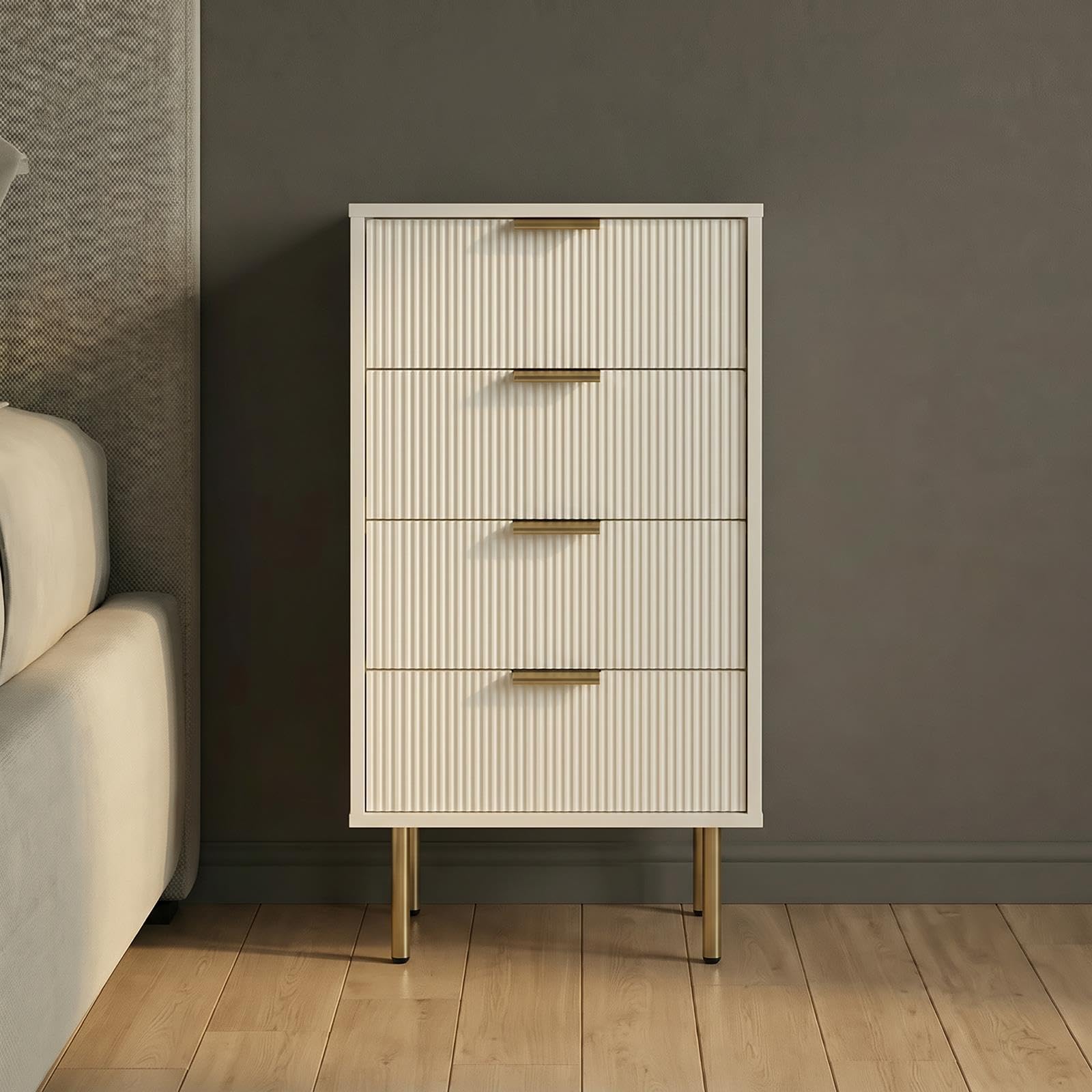 OHS Cream Bedside Table 4 Drawer Ribbed Wooden Nightstand Unit End Table โ image 1