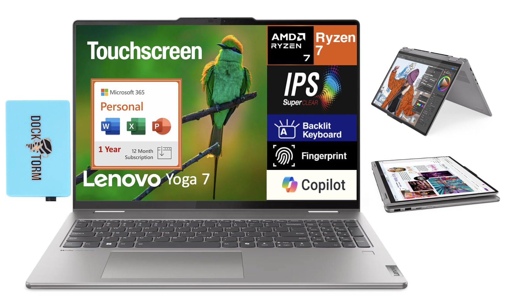 Lenovo Yoga 7 Copilot + 2-in-1 Laptop 16.0" Touchscreen IPS WUXGA Display (AMD Ryzen 7 8840HS, 16GB LPDDR5X, 2TB M.2 PCIe SSD, Win 11 Home) w/MS 365 Personal, DKZ USB Port Expander