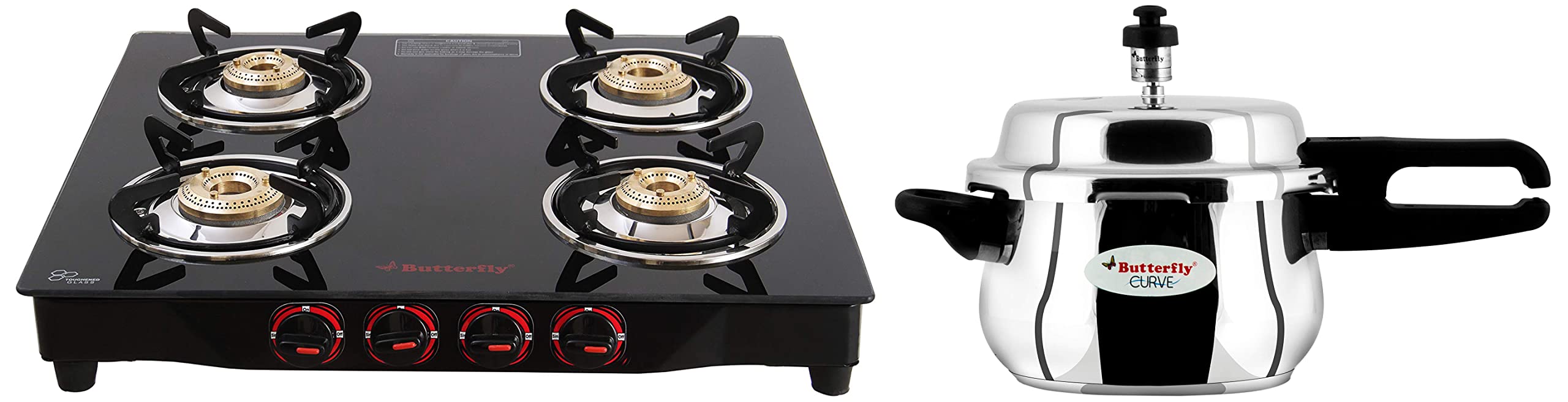 Butterfly Smart Glass 4 Burner Gas Stove, Black, Manual & Butterfly Curve Stainless Steel Outer Lid Pressure Cooker, 3 Litre-image-11