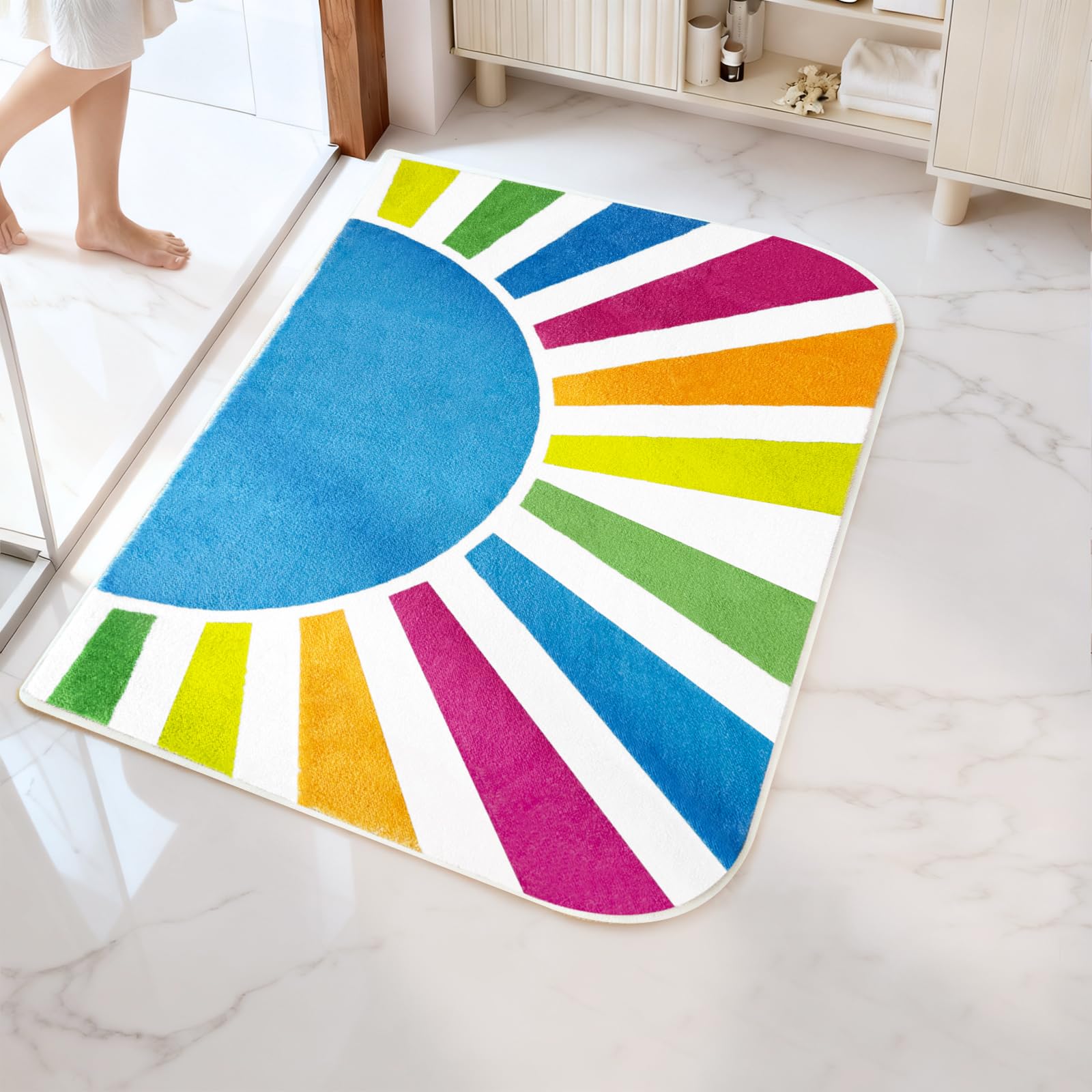 BLESWIN Bath Mat for Bathroom 60 x 91CM, Bath Mat Non Slip for Entry Kitchen Bedroom, Machine Washable Bathroom Rug for Outside Shower, Low Pile Rainbow Sun Modern Throw Rug for Carpet, Blue