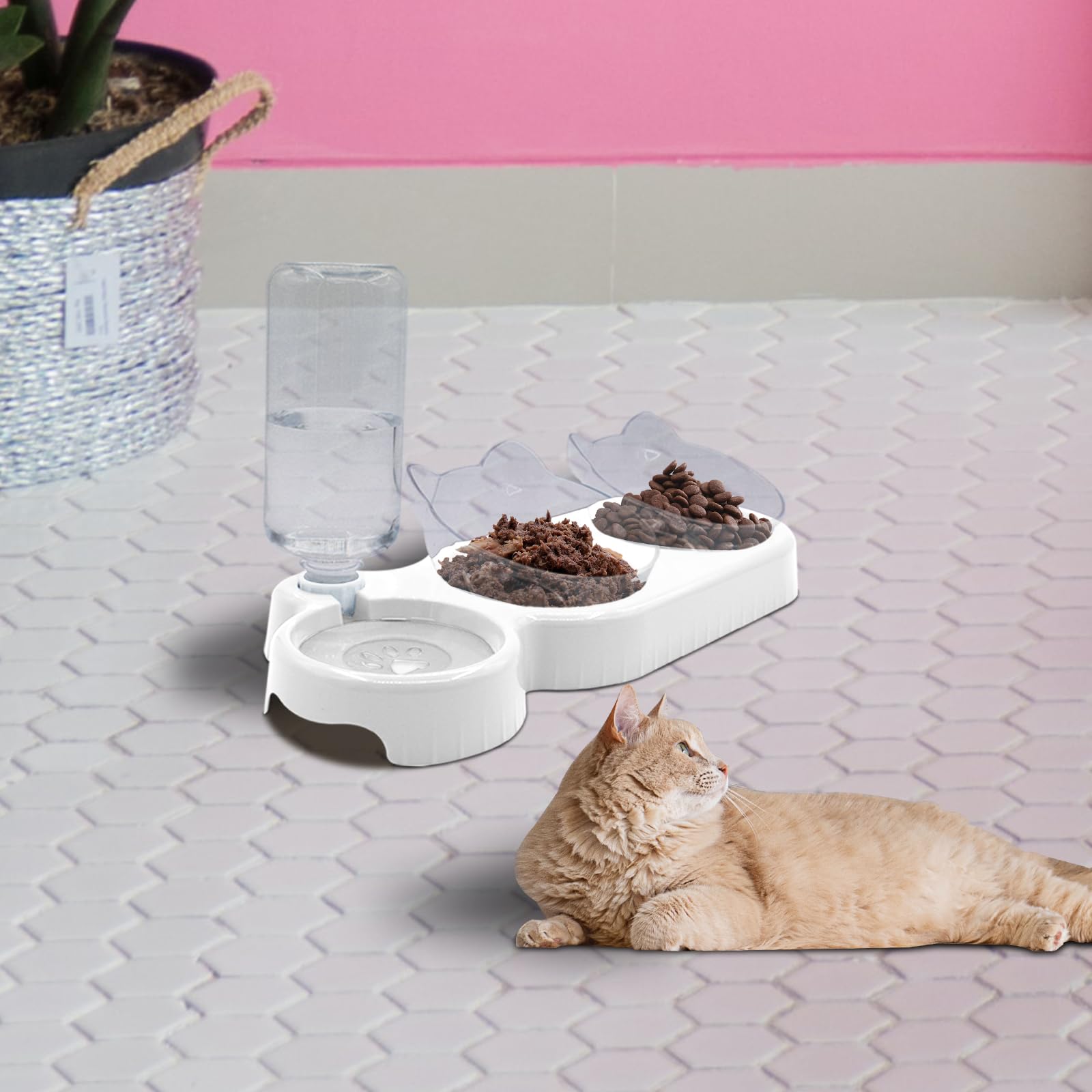 Triple gamelles 3 en 1 pour chien et chat, inclinaison de 15 °, double gamelle avec bouteille d'eau automatique, bol amovible pour nourriture humide et sèche pour petit chat et chiot (blanc)