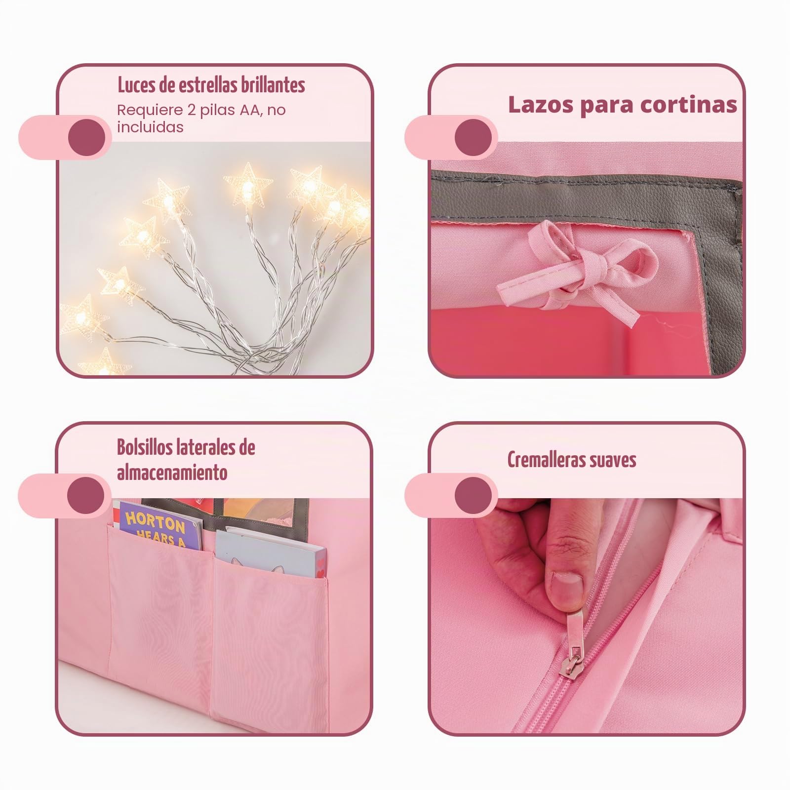 HOMASIS Tienda de Campaña Infantil con Luces de Estrellas y Alfombra Acolchada, Tipi para Niños con 4 Ventanas y Cortina 3+ Años (Rosa + Gris)