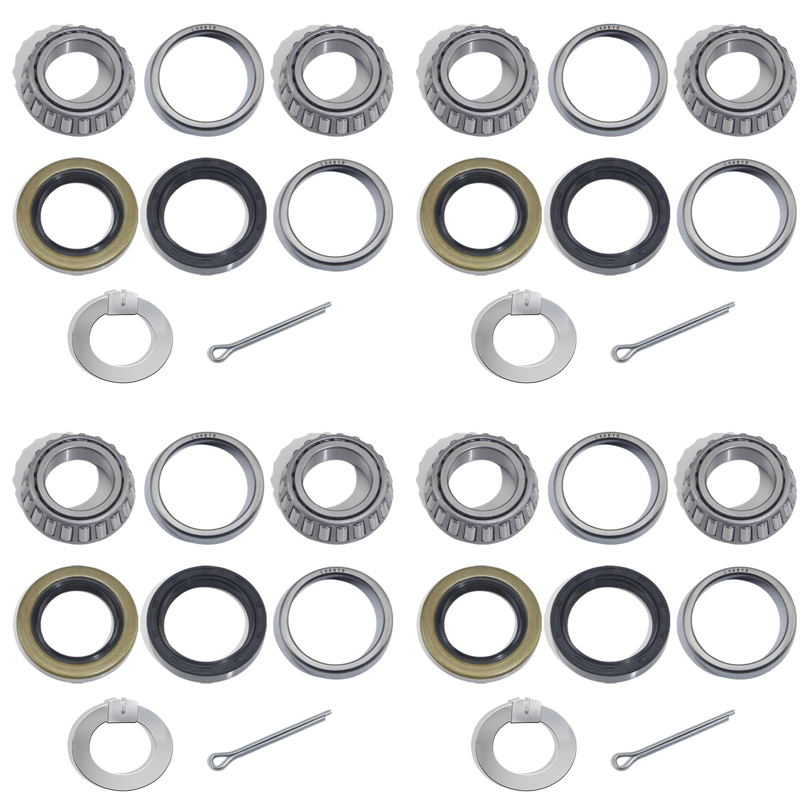 LUXTRKSTO 4 Sets for 1-1/16'' Axle Trailer Hub Bearings Kits, L44649 / L44610 Bearings Set with D-Style Tang Washers, 12192TB 15192TB Grease Seals