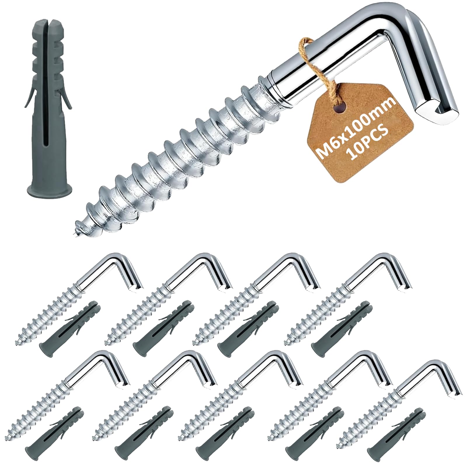 10Pcs Screw in Hooks, Wall Hooks Heavy Duty-25kg Loaded, for Hanging Picture Towel, Metal Washing Line/Cup/Bathroom/Door/Hook, Coat Hooks Wall Mounted, with Expansion Bolts,1/L Shape, M6 x 100mm