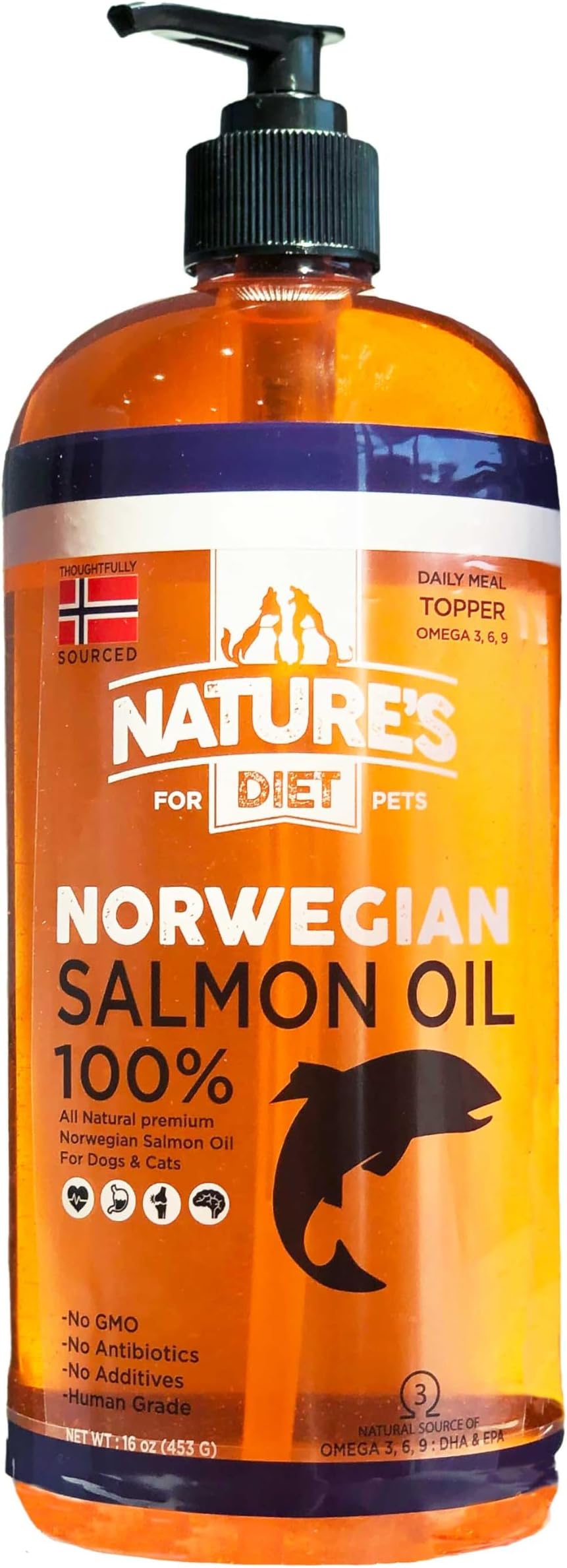 Pet 32 oz Norwegian Salmon Oil Dogs & Cats - Natural Support for Joint Function Immune Heart Health Appetite Skin & Coat Omega 3 6 9 Liquid Food Topper EPA DHA Fatty Acids