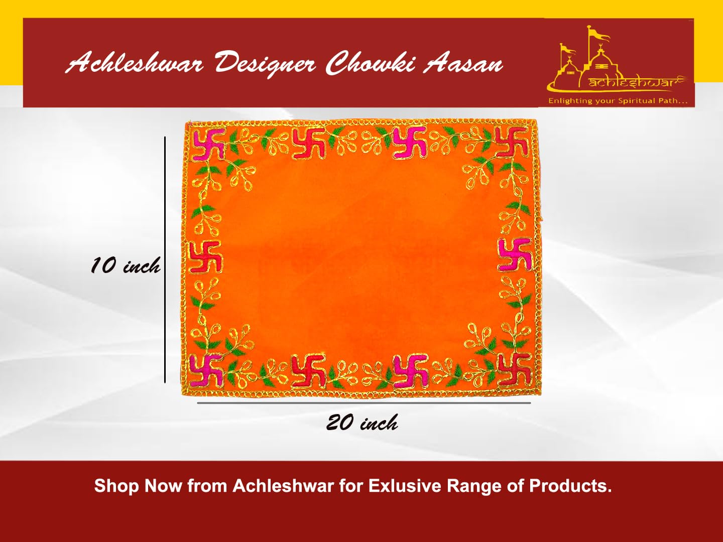 Achleshwar Designer Velvet Embroidered Pooja Aasan Cloth 10x20 inch Orange | Chowki Aasan for God Idol | Mandir Table Altar Cover for Temple, Puja Shelf, Diwali Decoration Pack 0f 1 1
