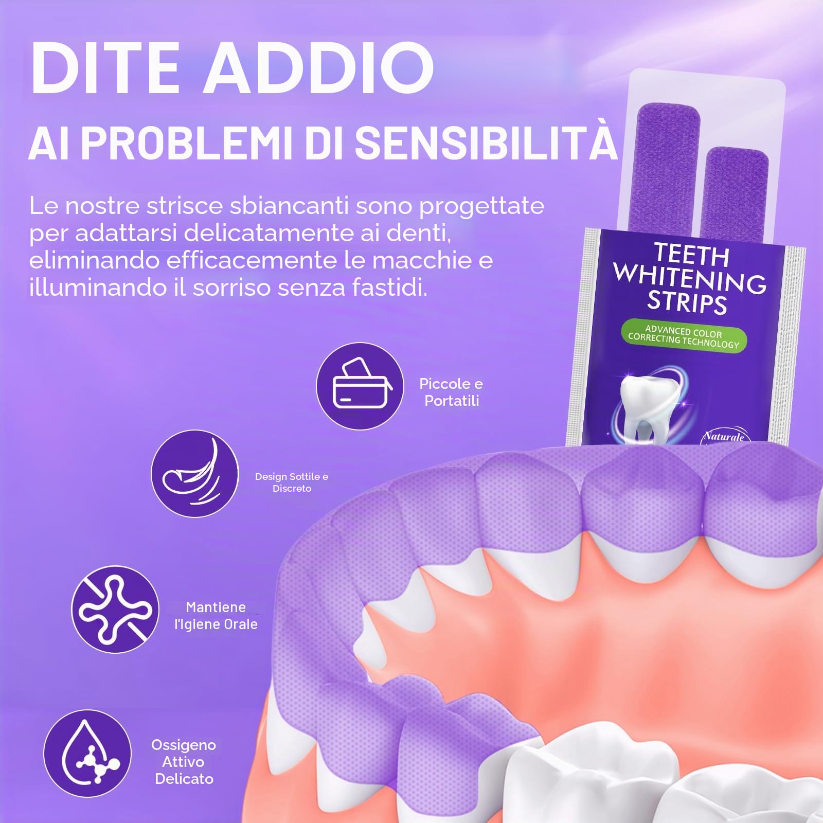 Strisce sbiancanti viola, confezione da 28 pezzi per sbiancamento dei denti per 14 trattamenti, risultati rapidi 30 minuti, formula resistente, sicuro e antiscivolo per tutti