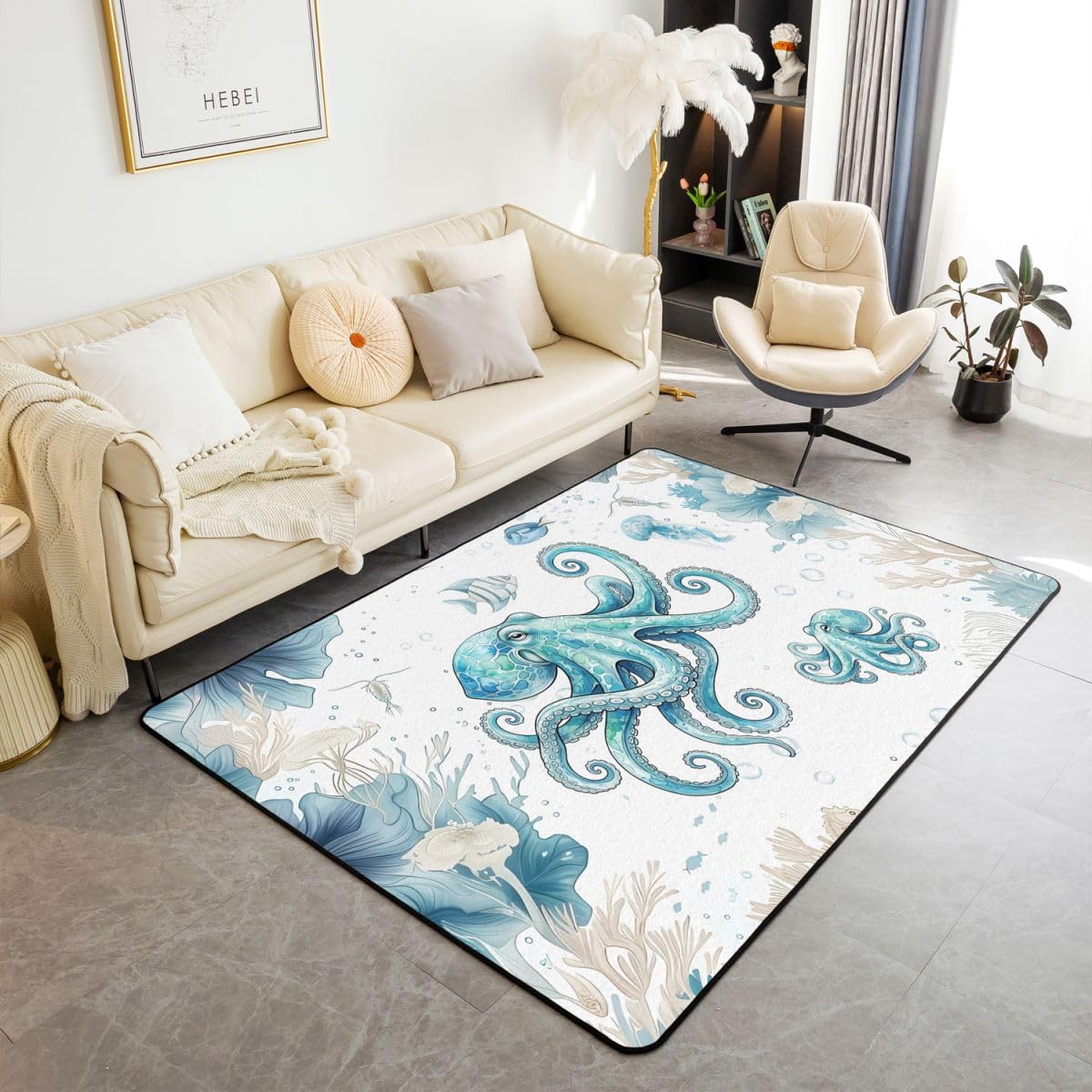 Homewish Oktopus Teppich 150x200 Blaugrün Blau Meer Küste Teppiche Wohnzimmer für Kinder Jugendliche Erwachsene Jungen Mädchen Oktopus Tentakel Rugs for Living Room Pflegeleicht Carpet Stilvoll