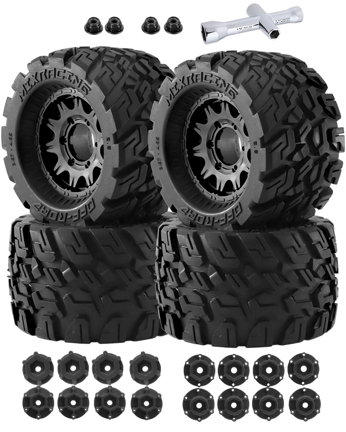 Rcarmumb RC Truck Wheel Tires for 1/10 Rustler Stampede Hoss,Arrm a Granite Vorteks Big Rock,Axial Losi Redcat Rc4wd,12mm/14mm Hex Rc Truck Tires,4pcs,Black