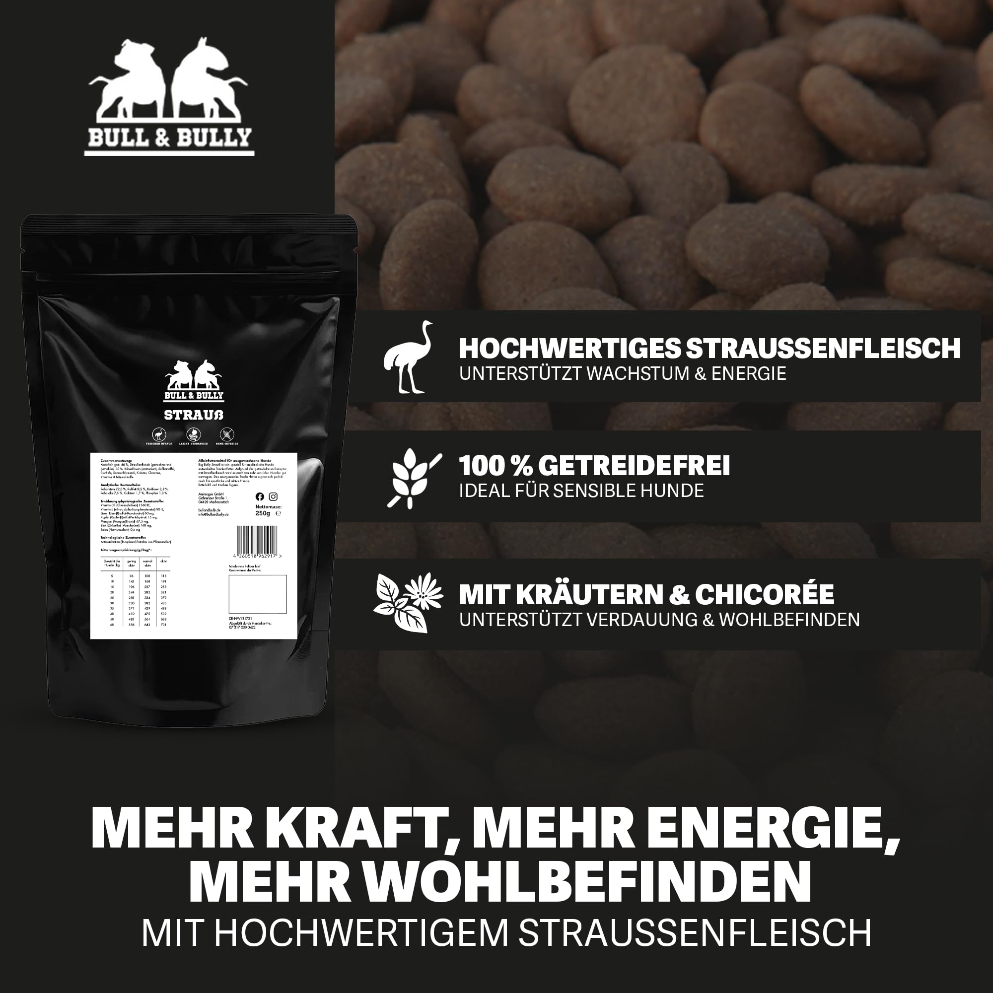 Hundefutter Big Bully Strauß Hundefutter Trocken – Energiereiches Trockenfutter für Hunde tierärztlich entwickelt – Hundetrockenfutter Premium Dog Food – Monoprotein Hundeleckerli 250g BULL & BULLY