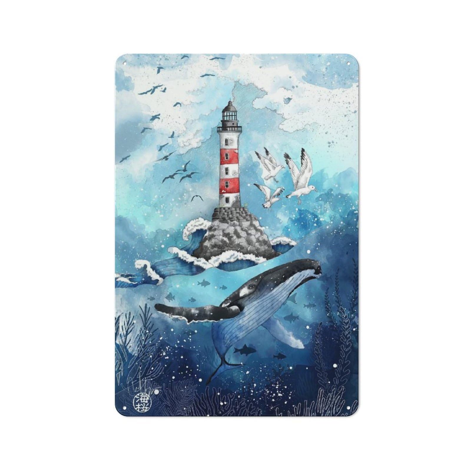 Nostalgic Sea Whale And Lighthouse Metal Wall Plaque 30x20cm, Retro Room Decor for Kitchen, Hallway, Bar Or Small Cafe